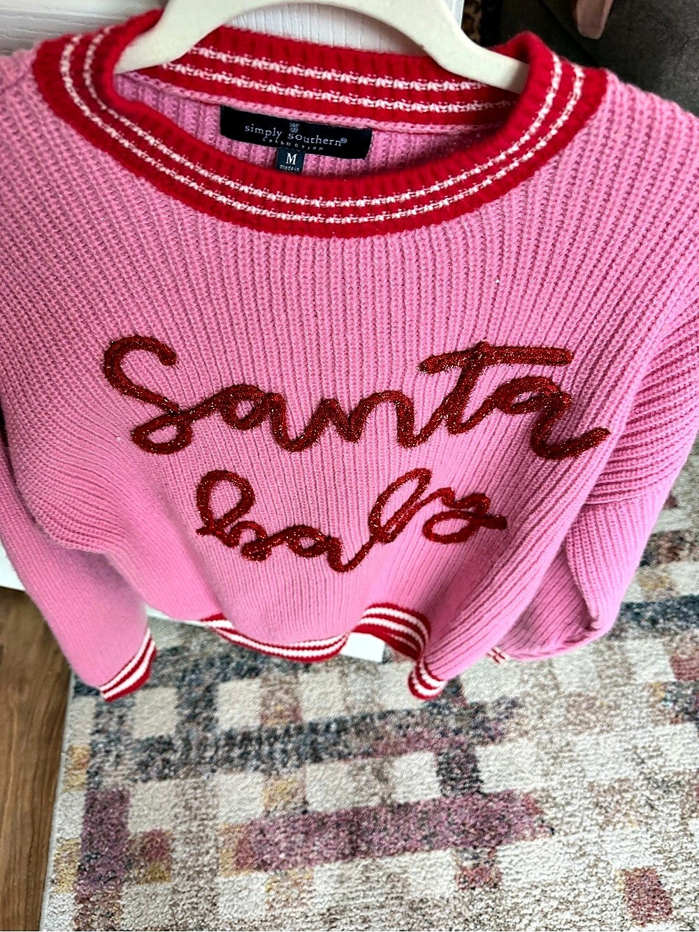 Simply Southern Santa Baby Sweater Pink & Red Medium - Picture 3 of 10